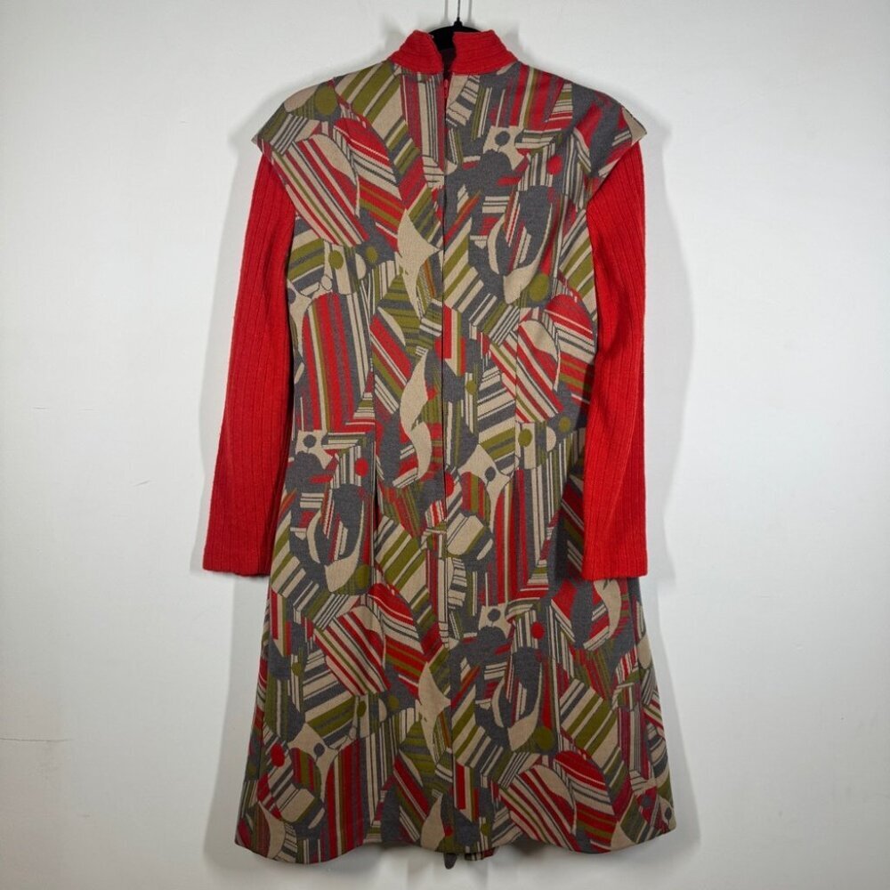 Vintage 60s 70s Red Geometric Print Long Sleeve Zip Back Retro Midi Dress - Picture 6 of 14